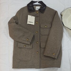 Sandro Men's Tan Jacket with Black Leather Collar